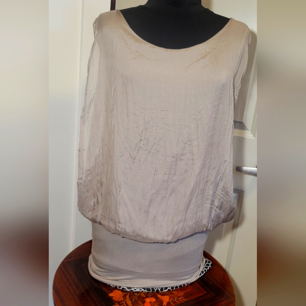 GIUSY Women's Gray Silk Sheer Layered Lace Trim Blouse Sz M